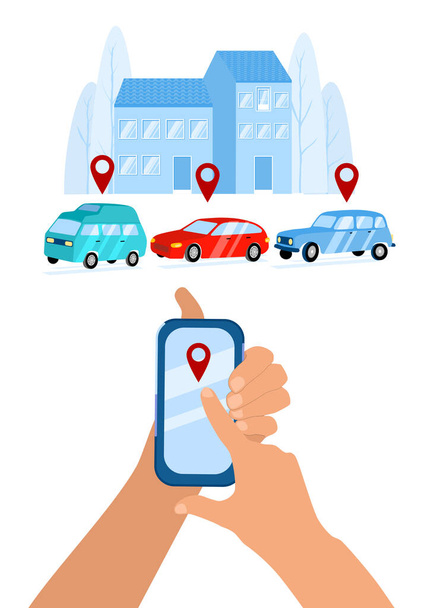 Hands holding smartphone, location mark of car. Online ordering taxi, rent and car sharing service using mobile app. Vector flat illustration of wireless parking. ity silhouette, low-rise buildings - Vector, Image