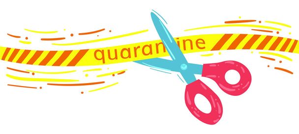 Ending quarantine concept. Banner for end of coronavirus lockdown. Pandemic is over. Scissors cut a yellow cordon tape with text quarantine. Protective measures completed. Stock vector illustration. - Vector, Image