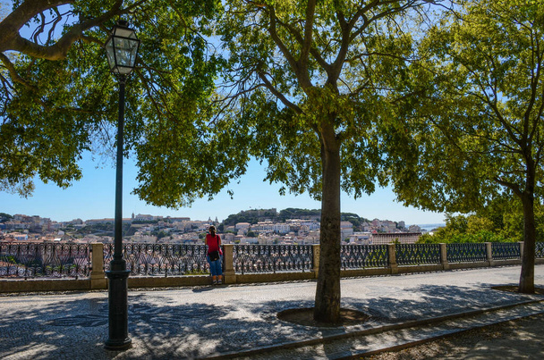 Vista del casco antiguo y del Castillo de Sao Jorge desde el mirador de Sao Pedro de Alcántara (miradouro), en Lisboa, Portugal
. - Foto, imagen