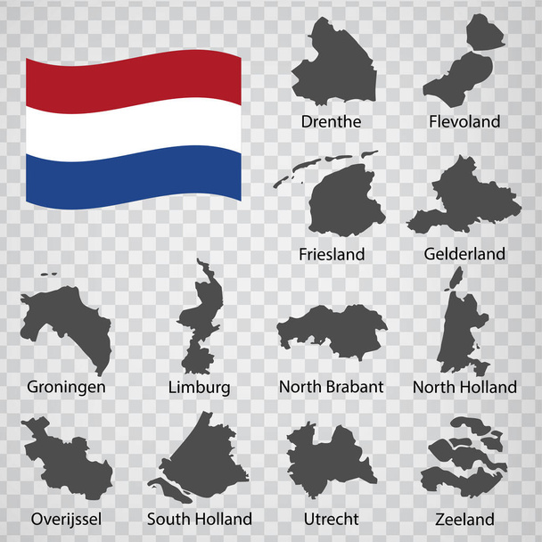 Dwanaście prowincji w Holandii - kolejność alfabetyczna z nazwą. Każda mapa prowincji jest wymieniona i odizolowana słowami i tytułami. Holandia. EPS 10. - Wektor, obraz