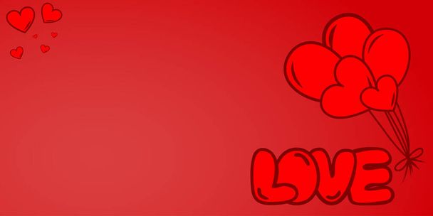 Valentines coeurs carte postale avec texte Amour. Des ballons volants sur fond rouge. Symboles vectoriels d'amour en forme de cœur pour la mère, Saint-Valentin, design de carte de vœux. Love Balloons fond - Vecteur, image