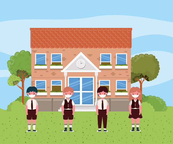 Κορίτσι και αγόρια παιδιά με μάσκες μπροστά από το σχεδιασμό φορέα σχολείο - Διάνυσμα, εικόνα