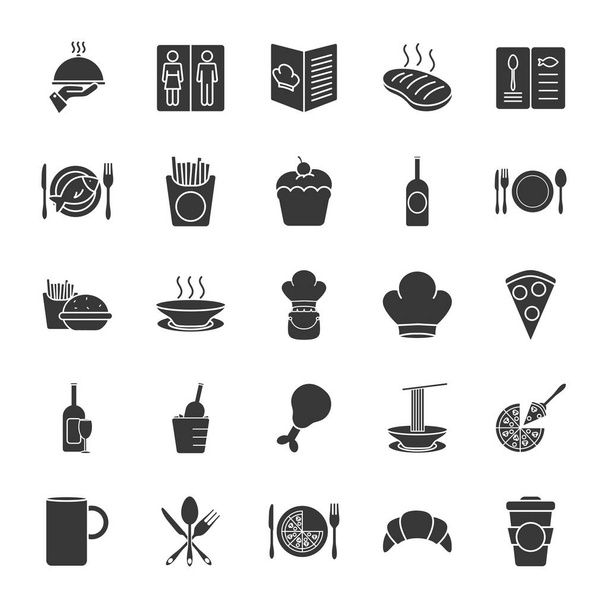 картофель фри и набор икон ресторана в стиле силуэта
 - Вектор,изображение