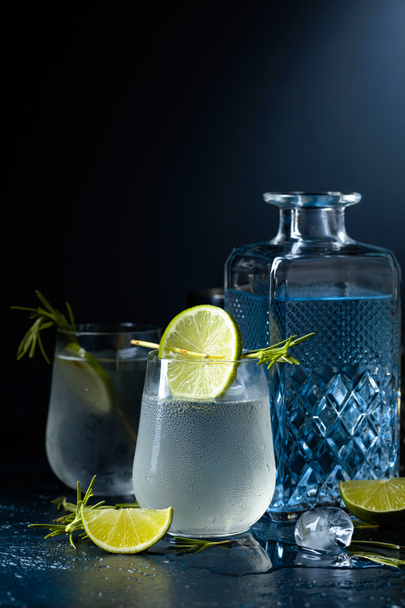 Gin tonic with rosemary and lime in frosted glass. Cocktail on a dark background. Copy space. - Photo, Image