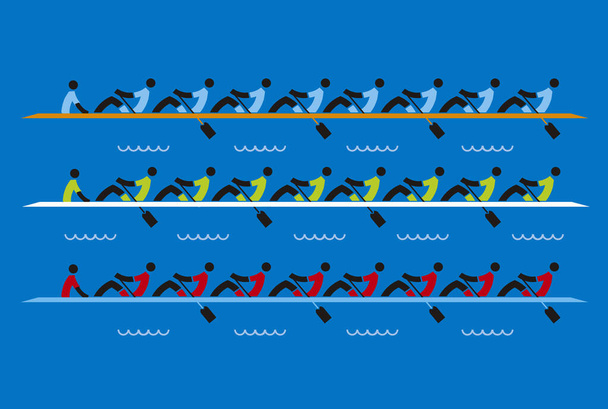 Wyścig wioślarski, osiemdziesiątki.Stylizowana ilustracja trzech łodzi, zawodników wioślarzy na niebieskim tle.Wektor dostępny. - Wektor, obraz
