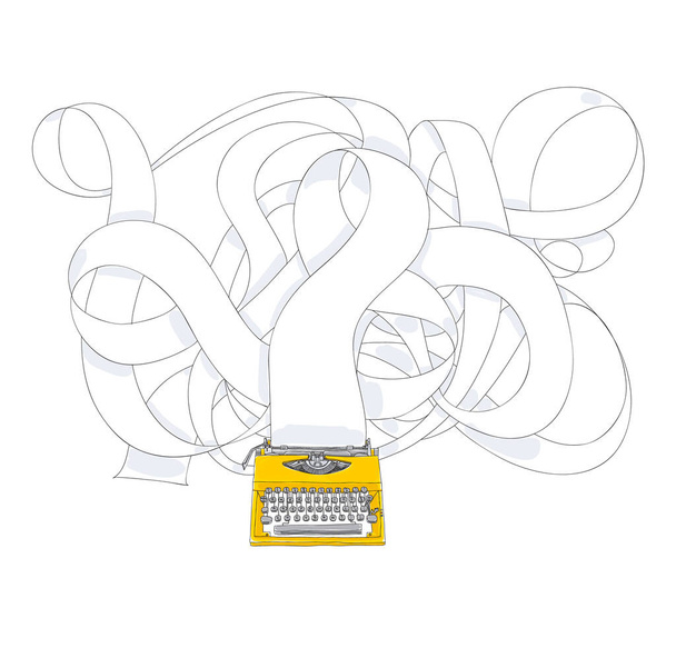 黄色のタイプライターと紙のかわいいアートイラストで描かれた長い紙の手 - ベクター画像