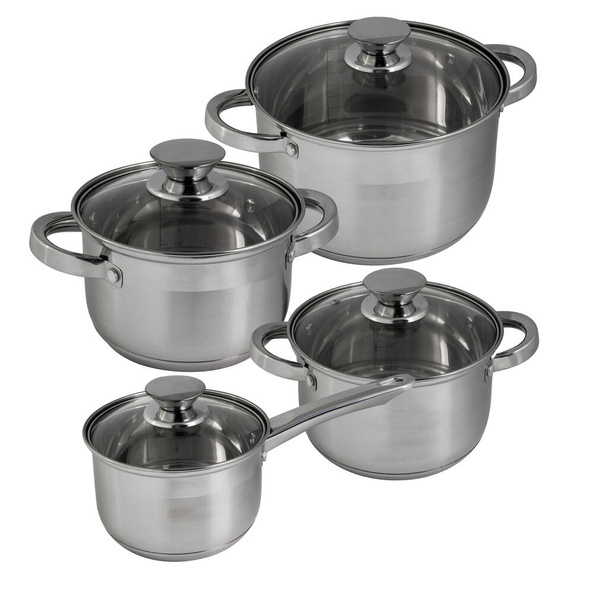 kitchen appliances. set of stainless steel pots. stewpan and pan on a white background. cooking appliances. - Photo, Image