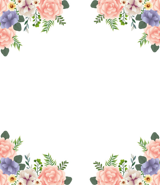 όμορφα λουλούδια και φύλλα decoraive πλαίσιο με λευκό φόντο - Διάνυσμα, εικόνα