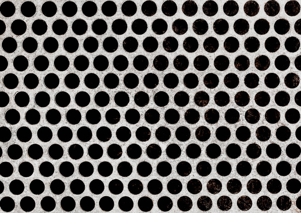 Metalowa abstrakcyjna faktura z okrągłymi powtarzającymi się wzorami, żelazne srebrne tło - Zdjęcie, obraz