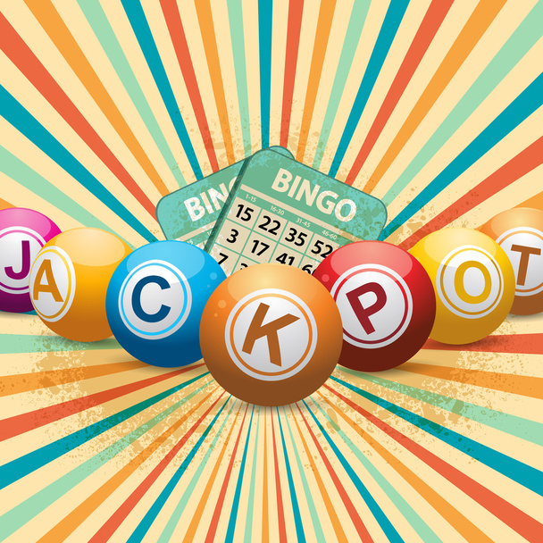balles et cartes de bingo sur starburst rétro
 - Vecteur, image