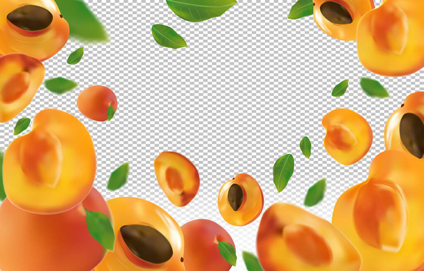 Marillenhintergrund. Frische Aprikose mit grünem Blatt auf transparentem Hintergrund. Fliegende Aprikosen sind ganz und halbiert. Fallende Marille aus verschiedenen Blickwinkeln. Naturprodukt. Vektorillustration. - Vektor, Bild