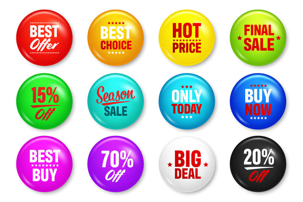 Realistic badges with text. Product promotion, sale. Special offer. Glossy round button. Pin badge mockup. Vector illustration. - Вектор,изображение