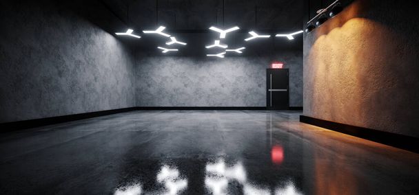 Salle d'exposition de garage de voiture Lumières menées élégantes modernes de science-fiction Formes abstraites et lumières chaudes de tache sur le mur de béton rugueux de ciment avec le fond réfléchissant de signe de sortie de plancher Illustration de rendu 3D - Photo, image