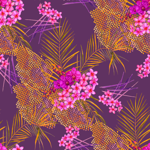 Hawaiian floral seamless pattern with watercolor palm leaves and tropical flowers on snake skin. Exotic Plumeria and Orchid. Tropical summer print. - Foto, Imagen