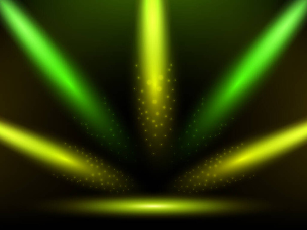 Bühne mit bunten gelben und grünen Lichtern. Hintergrund. Podium, Straße, Podest oder Podest, beleuchtet von Scheinwerfern. Vektor - Vektor, Bild