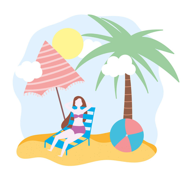 summer people activities, woman resting on deck chair with umbrella and ball, seashore relaxing and performing leisure outdoor - Vector, Image