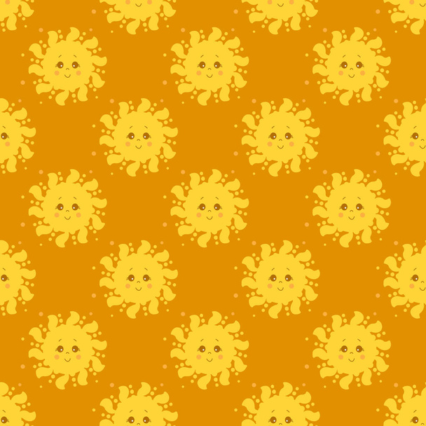 Naadloos patroon. Leuke gele zon met gezicht en glimlach op een oranje achtergrond. Ontwerp, decor, verpakking, druk, textiel, zomer illustraties. Vector.  - Vector, afbeelding
