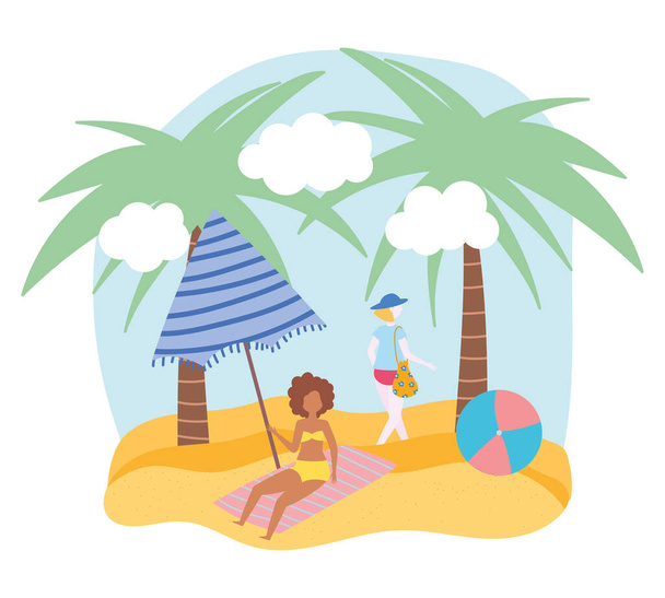 zajęcia letnie, kobieta i dziewczyna z parasolem balowym, relaks nad morzem i spędzanie wolnego czasu na świeżym powietrzu - Wektor, obraz