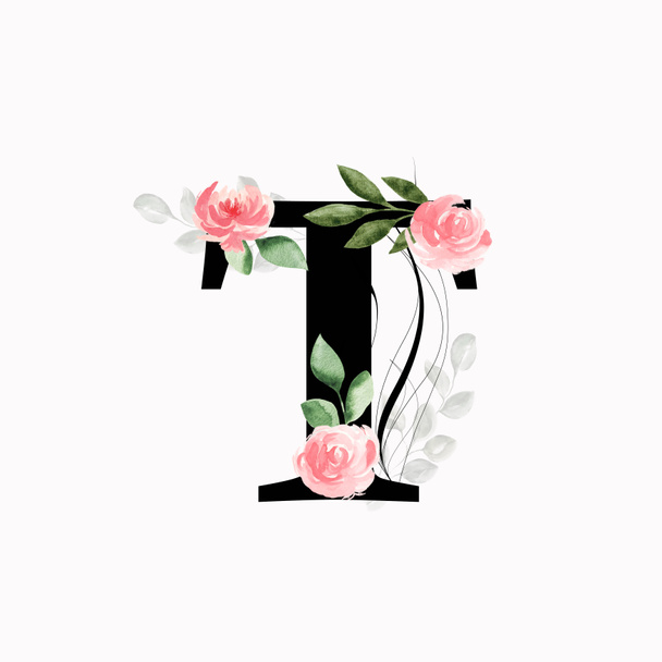 Blumenmonogramm (Buchstabe T) - verziert mit rosa Rosen und Blättern, Aquarell - Foto, Bild