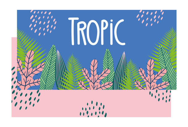 тропический узор с листьями и растениями на цветном фоне
 - Вектор,изображение