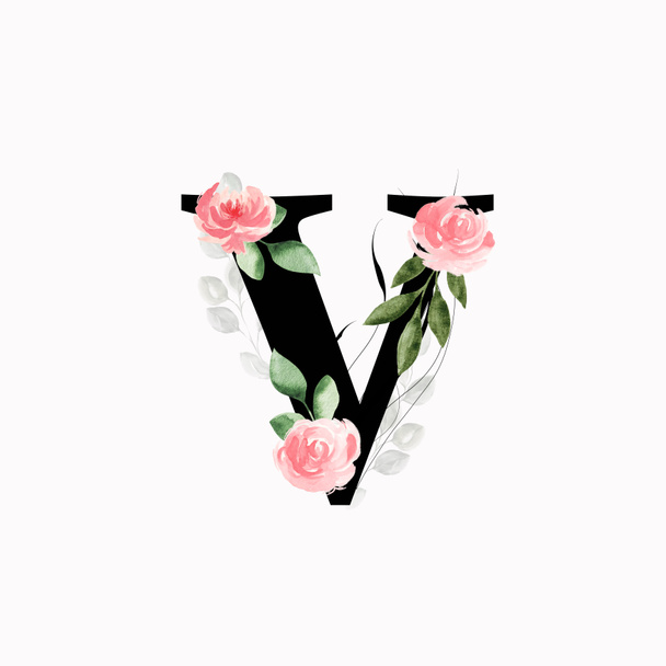 Floral monogram (letter V) - decorated with pink roses and leaves, watercolor - Photo, Image