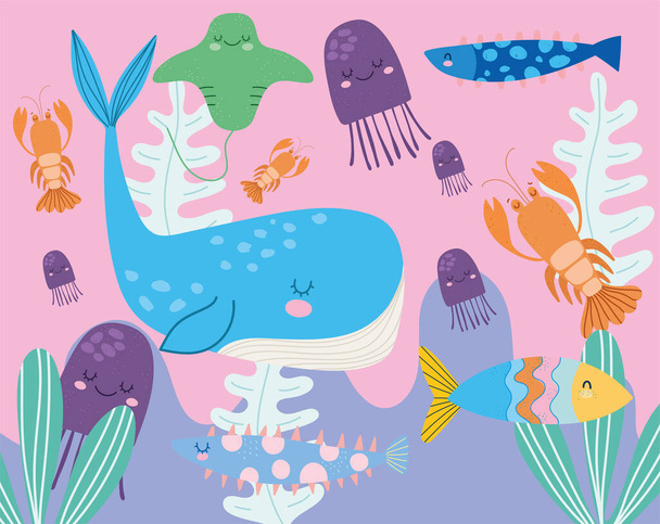 under the sea, whale jellyfishes stingray lobster wide marine life landscape cartoon - Vector, Imagen