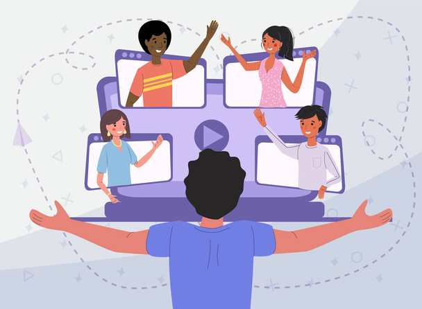 Online communication via video conference with people from different countries, vector illustration concept. A man happily greets his messenger friends. - Vector, Image