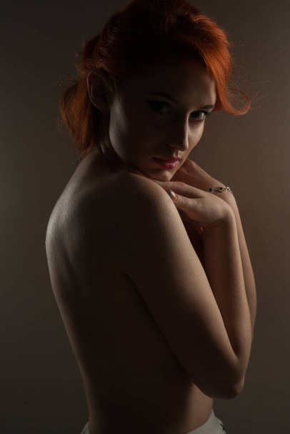 Dramatic portrait silhouette of naked woman posing with hard shadows in studio, sexy shot. Caucasian person, black top shirt, long redhead ginger hair isolated on grey studio background - Zdjęcie, obraz