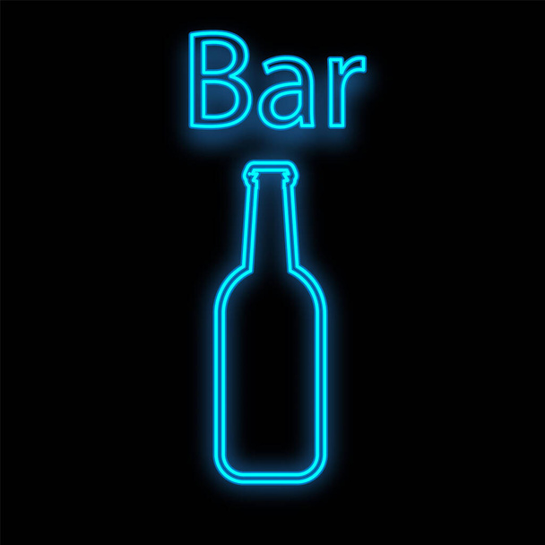 Bright luminous blue neon sign for cafe restaurant bar beautiful shiny with a beer bottle on a black background. Vector illustration - Vector, Image