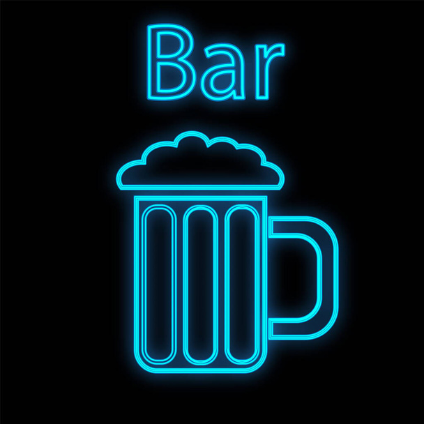 Kafe bar restoranı için parlak mavi neon tabela. Siyah arka planda bira bardağı olan güzel bir yer. Vektör illüstrasyonu - Vektör, Görsel