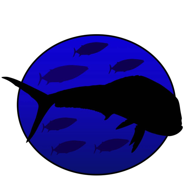 Ιχθυοψαρικά δελφίνια και σιλουέτα της σχολής τόνου σε βαθύ μπλε κύκλο - Διάνυσμα, εικόνα