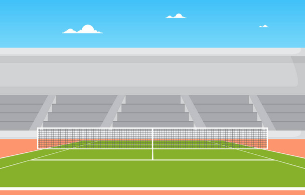 Outdoor Tennis Court Stands Sport Game Recreation Cartoon Landscape - Vector, Image