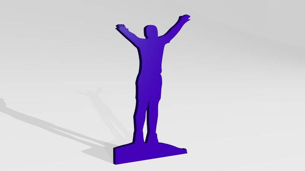 Человек с руками в небе, выполненный 3D иллюстрацией блестящей металлической скульптуры на стене со светлым фоном. концепция и проведение
 - Фото, изображение