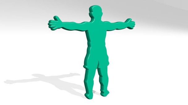 αθλητική δραστηριότητα σταθεί με σκιά. 3D απεικόνιση της μεταλλικής γλυπτικής σε λευκό φόντο με ήπια υφή. αθλητής και ενεργός - Φωτογραφία, εικόνα