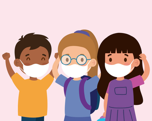 carino bambini che indossano maschera medica per prevenire coronavirus covid 19, studenti bambini che indossano maschera medica protettiva - Vettoriali, immagini