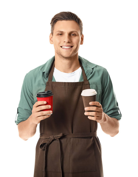 młody mężczyzna barista na białym tle - Zdjęcie, obraz