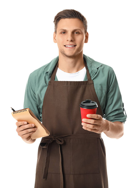 Young male barista on white background - Zdjęcie, obraz
