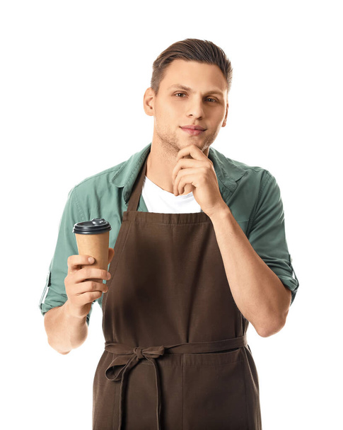Young male barista on white background - Foto, Bild