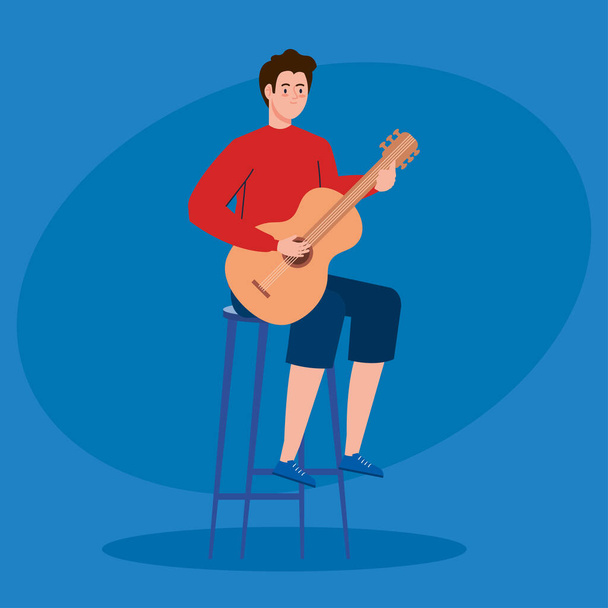 молодой человек играет на гитаре, сидя на стуле
 - Вектор,изображение