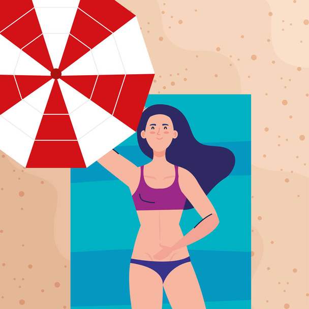 view aerial, woman with swimsuit lying tanning in the beach, summer vacation season - Vektori, kuva