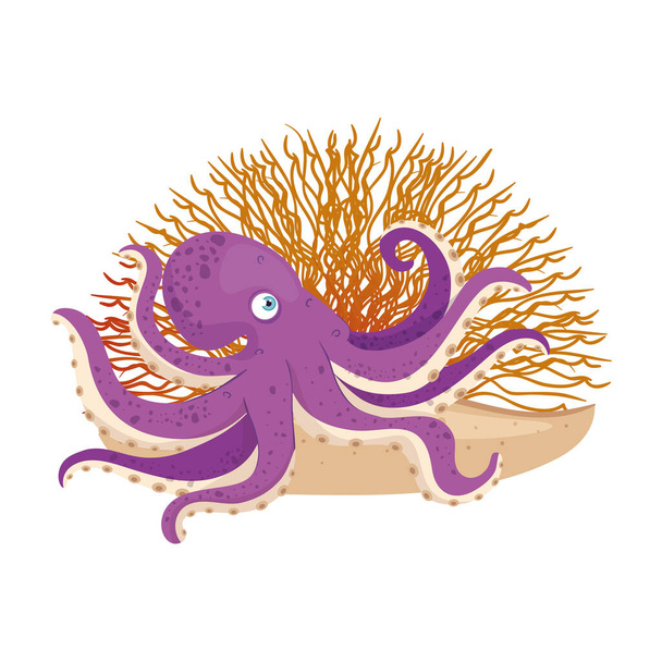 sea underwater life, octopus with coral on white background - Vector, afbeelding