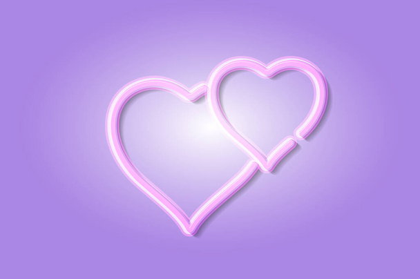 Wedding hearts glowing 3D symbol, card template. Realistic vector illustration. Lilac background. - Vector, afbeelding