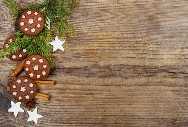 Christmas cookies on wooden background - Fotoğraf, Görsel