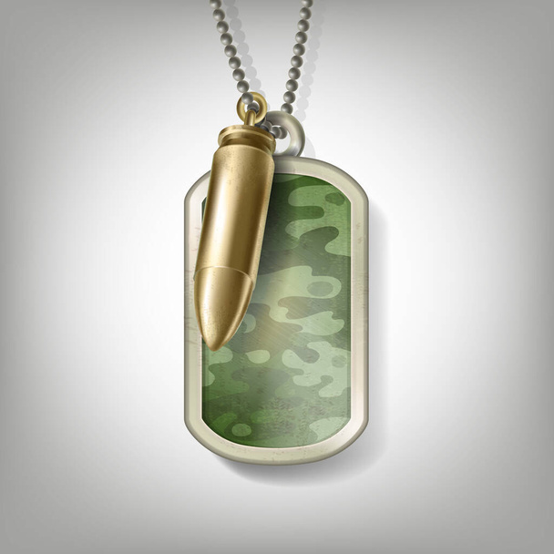 Soldier camouflage metal tag with bullet on chain - Vector, Image