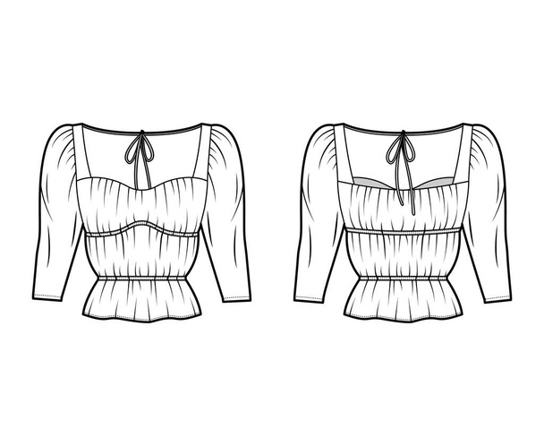 Camisa técnica moda ilustração com corpo de grandes dimensões, botões escondidos fixações ao longo frente, babados delicados
 - Vetor, Imagem