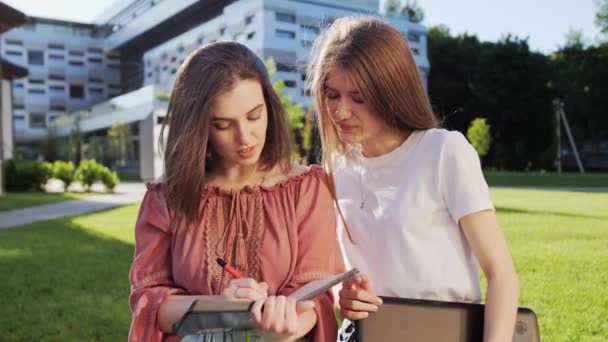 Zwei hübsche Freundinnen vom College bei Hausaufgaben im Freien vor dem Hintergrund eines modernen Gebäudes. - Filmmaterial, Video