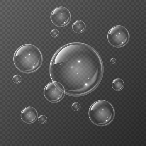 Transparent realistic set of soap bubbles. Aqua clear white spheres blowing air foam bubble shampoo soap bubbling shiny 3d isolated texture - Vector, Imagen