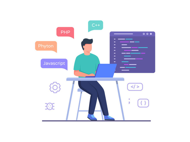 Software engineer sit in chair working on laptop use programming language code with flat cartoon style vector design. - Vector, Image