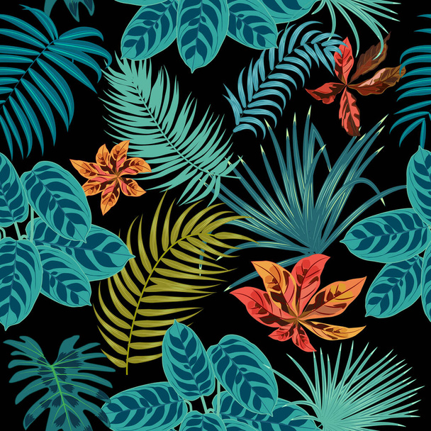 Tropical jungle palm leaves seamless pattern, vector background - Vektori, kuva