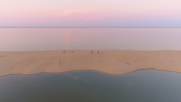 ピンク色の雲と日没時に平らな海の地平線に対して海の海岸で砂の縞を歩く人々のグループ - 映像、動画